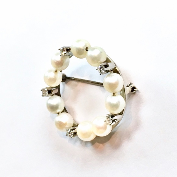 BEAUTIFUL VS DIAMOND & PEARL BROOCH PIN SOLID WHITE 14K GOLD - Picture 2 of 3